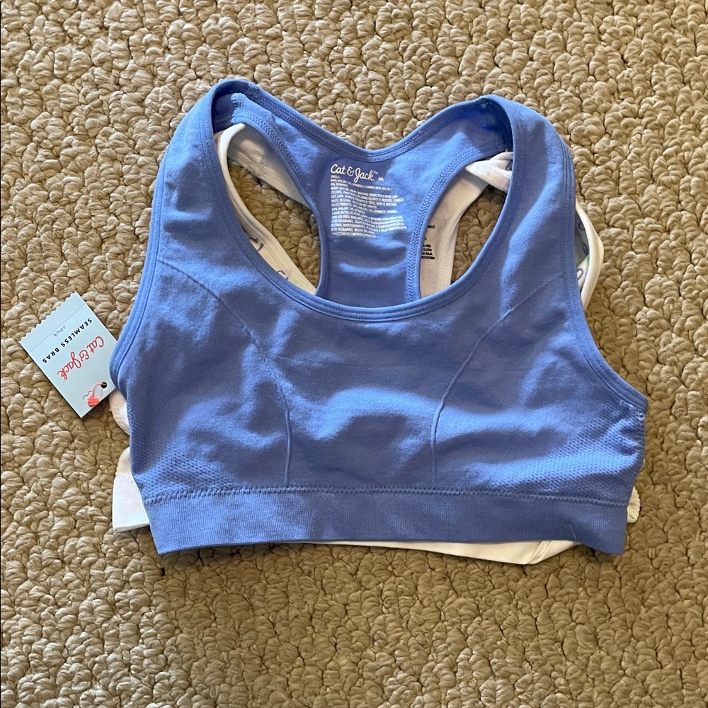 Cat & Jack NWT Set of 2 Seamless Racerback Sports Bras Blue & White with Hearts